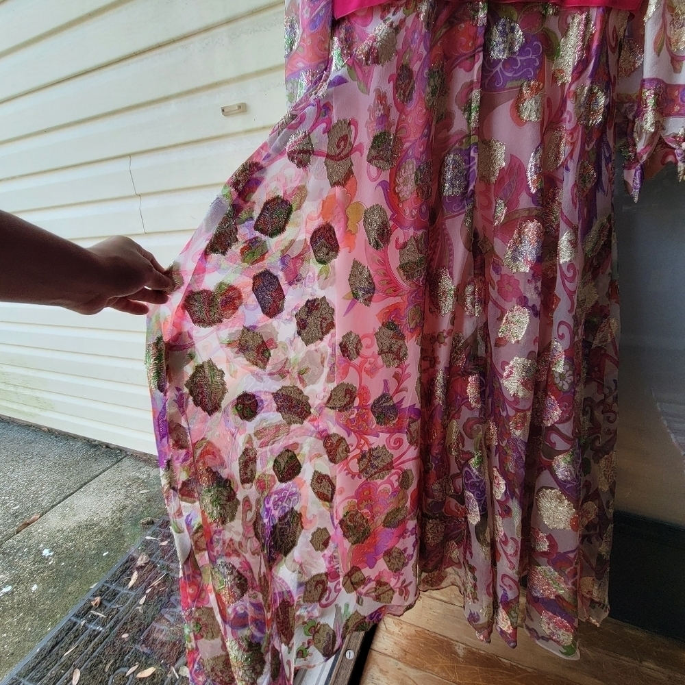 Vintage Handmade Custome Japanese Asian Pink Gold Flowering Long Dress Pink Bow - Picture 13 of 15